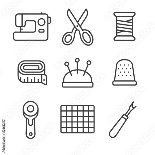 Textile Crafting Icon Set. Outline icon set of textile crafting corner: sewing machine, fabric scissors, spool of thread,