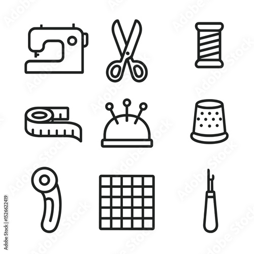 Textile Crafting Icon Set. Outline icon set of textile crafting corner: sewing machine, fabric scissors, spool of thread,