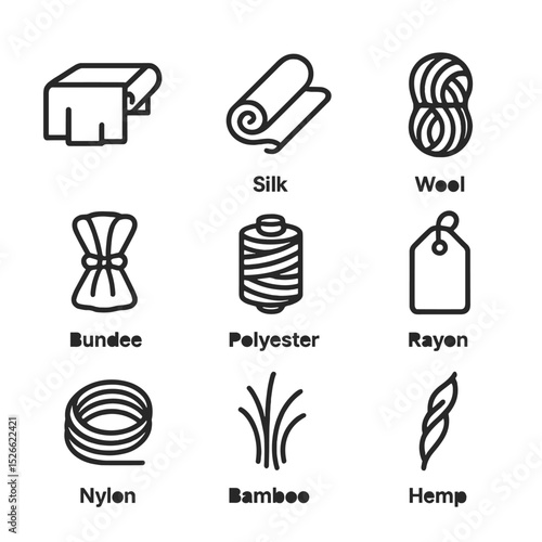 Textile Material Icons. Outline icon set of textile material types: cotton bolt, silk roll, wool hank, linen bundle, polyester