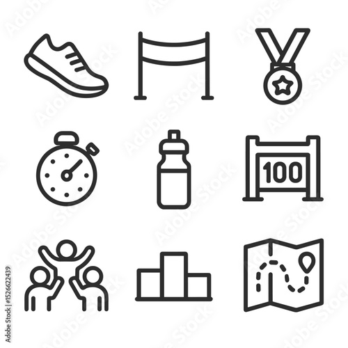 100th Race Icons. Outline icon set of hundredth milestone race: running shoe, finish line, medal, stopwatch, water bottle, race