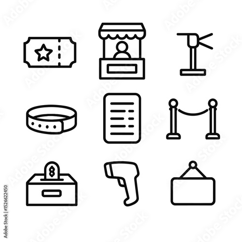 Ticketing Icons Grid. Outline icon set of ticketing and admission: ticket stub, ticket booth, turnstile, wristband, price board,