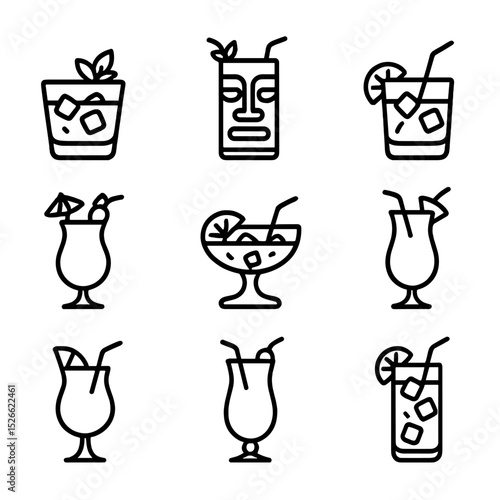 Tiki Cocktail Icons. Outline icon set of Tiki classics: Mai Tai, Zombie, Navy Grog, Piña Colada, Scorpion, Blue Hawaii, Jungle