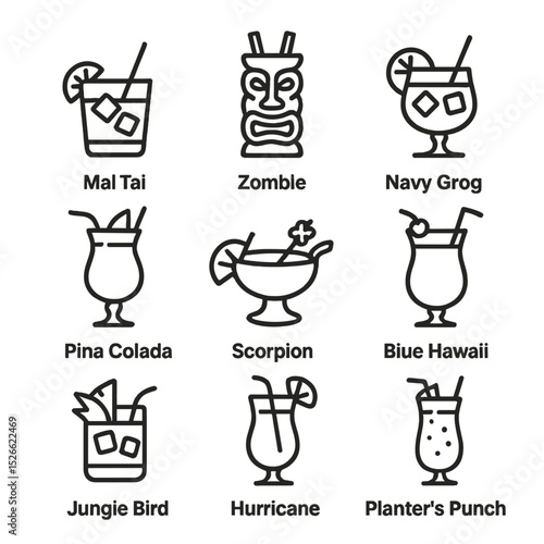 Tiki Cocktail Icons. Outline icon set of Tiki classics: Mai Tai, Zombie, Navy Grog, Piña Colada, Scorpion, Blue Hawaii, Jungle