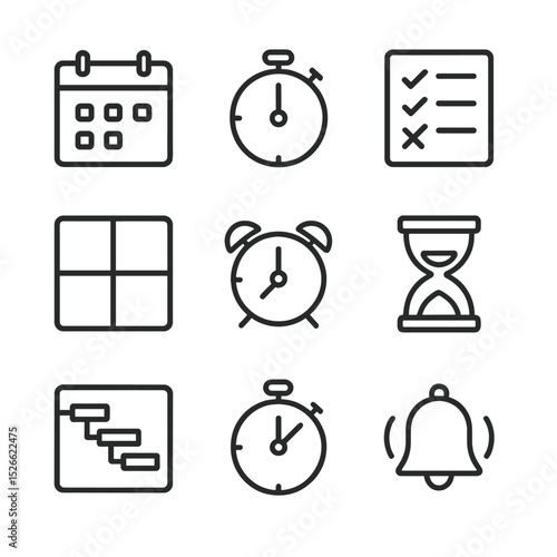 Time Management Icons. Outline icon set of time management techniques: calendar, timer, to-do list, priority matrix, alarm clock,