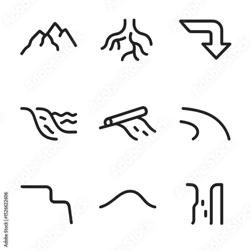 Trail Feature Icons. Outline icon set of trail features: rocky ridge, root section, switchback turn, water crossing, log jump,