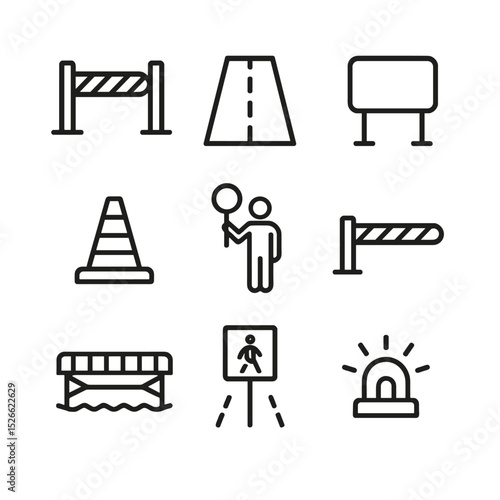 Traffic Management Icons. Outline icon set of site access and traffic management: access gate, site road, signage board, traffic