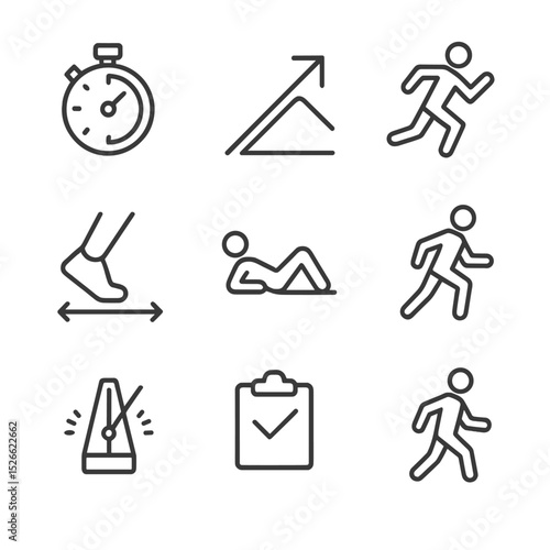 Training Drill Icons. Outline icon set of training drills and techniques: interval timer, hill repeat arrow, interval run icon,