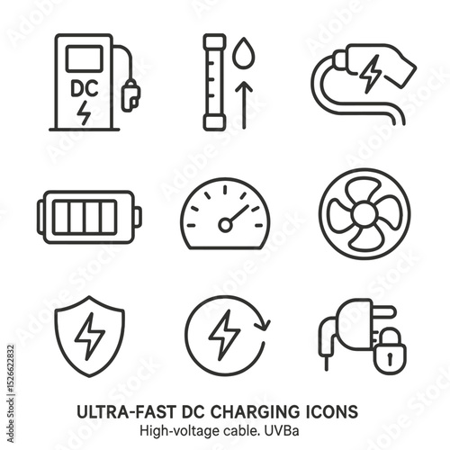 Ultra-Fast Charging Icons. Outline icon set of ultra-fast DC charging: DC charger unit, liquid cooling icon, high-voltage cable,