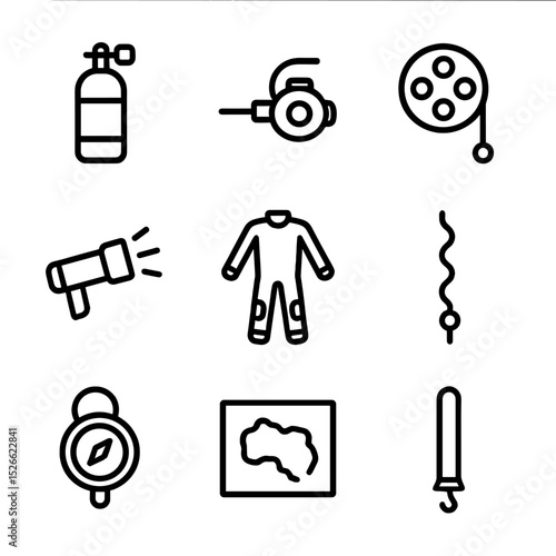 Underwater Diving Icons. Outline icon set of underwater cave diving: scuba tank, regulator, dive reel, underwater torch, dry suit,