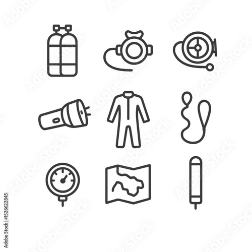 Underwater Diving Icons. Outline icon set of underwater cave diving: scuba tank, regulator, dive reel, underwater torch, dry suit,