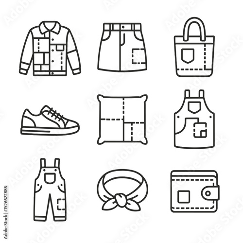 Upcycled Denim Icons. Outline icon set of upcycled denim designs: patchwork jacket, jean skirt, tote bag, denim sneakers, cushion