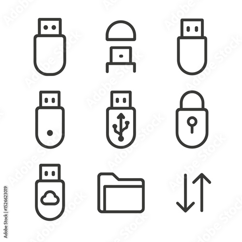 USB Stick Icons. Outline icon set of USB stick storage devices: USB stick, cap, connector, LED indicator, data icon, lock symbol,