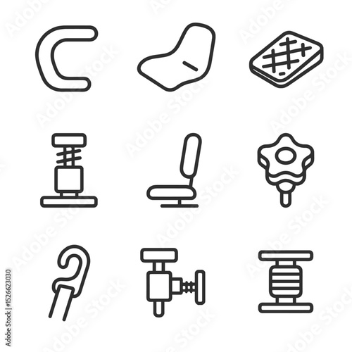 User Interaction Icons. Outline icon set of user interaction elements: ergonomic handle, molded seat, textured footrest, spring