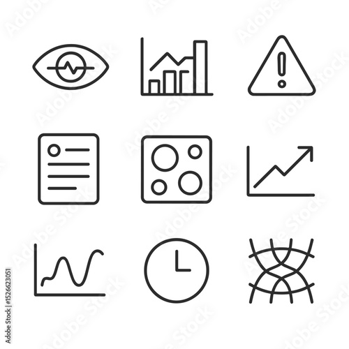 User Monitoring Icons. Outline icon set of user behavior monitoring: eye with waveform, activity chart, anomaly alert, session log