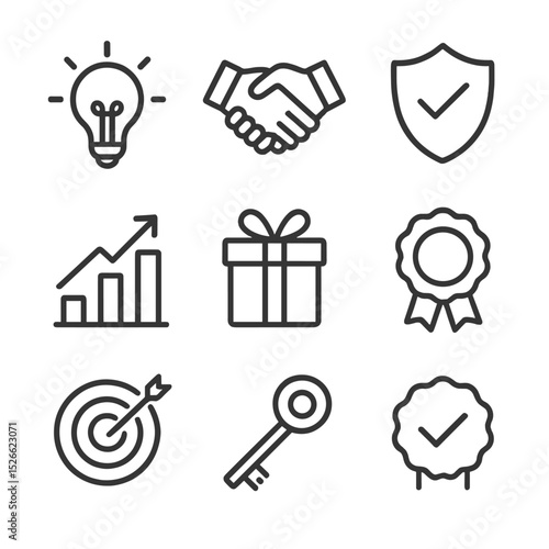 Value Proposition Icons. Outline icon set of value proposition USP: lightbulb idea, handshake, shield of trust, growth arrow,