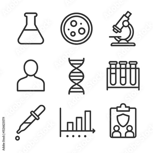 Vaccine Research Icons. Outline icon set of vaccine research and development: laboratory flask, Petri dish, microscope, researcher