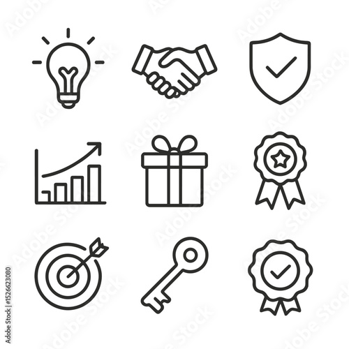 Value Proposition Icons. Outline icon set of value proposition USP: lightbulb idea, handshake, shield of trust, growth arrow,