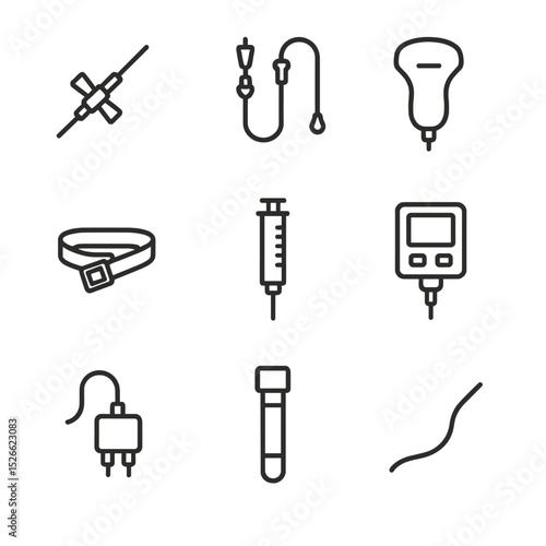 Vascular Access Icon Set. Outline icon set of vascular access procedures: IV cannula, central venous catheter, ultrasound probe,