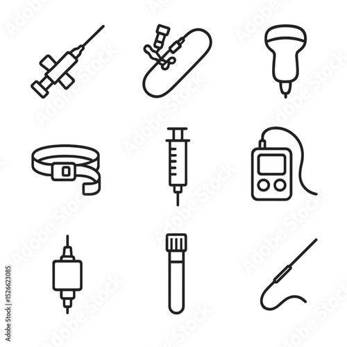 Vascular Access Icon Set. Outline icon set of vascular access procedures: IV cannula, central venous catheter, ultrasound probe,