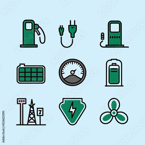 vector icons to vehicle fueling and charging a gasoline pump, an electric vehicle plug hydrogen mole