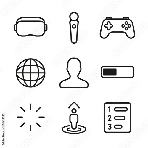 Virtual Reality Icons Set. Outline icon set of virtual reality gaming: VR headset, motion controller, gamepad, virtual world grid,