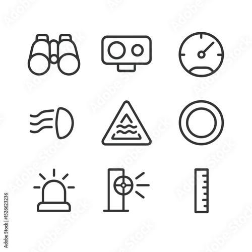 Visibility Tools Icon Set. Outline icon set of visibility measurement: binoculars, rangefinder, visibility gauge, fog lamp, road