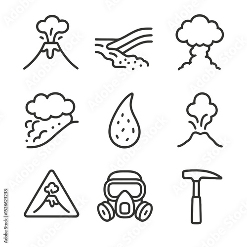Volcanic Icon Set. Outline icon set of volcanic eruption: erupting volcano cone, lava flow, ash cloud, pyroclastic surge, volcanic