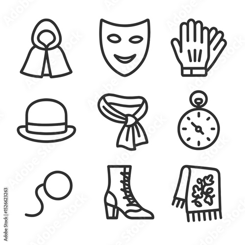 Wardrobe Icons Collection. Outline icon set of costume and wardrobe pieces: hooded cloak, theatrical mask, leather gloves, bowler