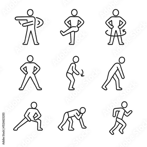 Warm-Up Stretch Icons. Outline icon set of pre-workout warm-up stretches: arm swings, leg kicks, hip circles, torso rotations,