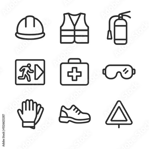 Warehouse Safety Icons. Outline icon set of warehouse safety compliance: safety helmet, high-visibility vest, fire extinguisher,