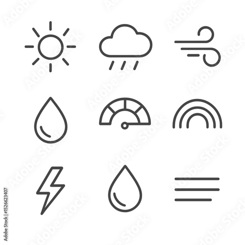 Weather Icon Set. Outline icon set of weather indicators: sun with rays, rain cloud, wind gust swirl, humidity droplet, UV index