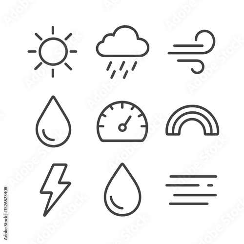 Weather Icon Set. Outline icon set of weather indicators: sun with rays, rain cloud, wind gust swirl, humidity droplet, UV index