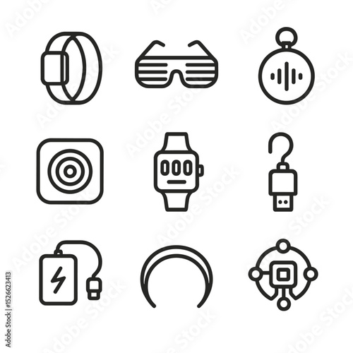 Wearable Tech Icons. Outline icon set of wearable tech accessories: smart bracelet, LED glasses, sound-activated badge, sensor