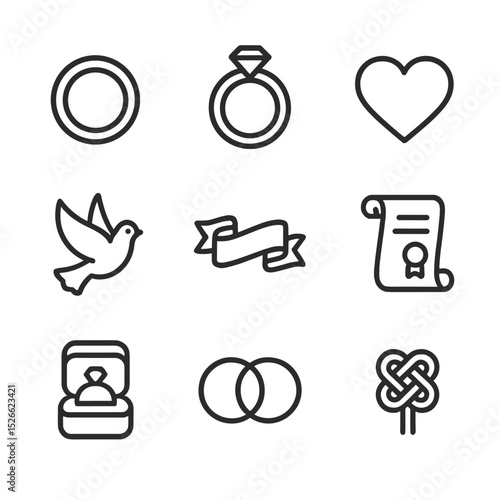 Wedding Icon Set. Outline icon set of wedding rings and vow symbols: wedding band, engagement ring, heart, dove, ribbon, promise