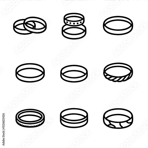 Wedding Ring Icon Set. Outline icon set of wedding ring sets: his and hers band, matching stackable rings, eternity band, simple