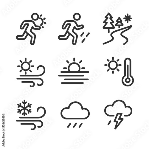 Weather Icons Grid. Outline icon set of weather conditions: sunny run, rainy run, snowy path, windy day, foggy morning, hot sun,