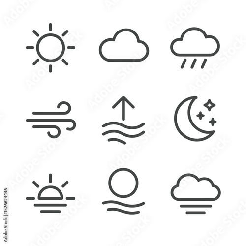 Weather Icons Grid. Outline icon set of weather conditions for watching: clear sky, cloudy sky, rain shower, wind gust, thermal