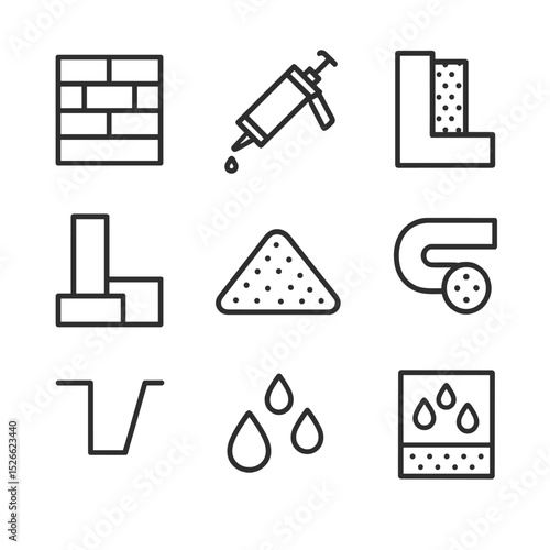 Waterproofing Icons Grid. Outline icon set of exterior foundation waterproofing: wall, sealant, membrane, foundation, gravel, pipe