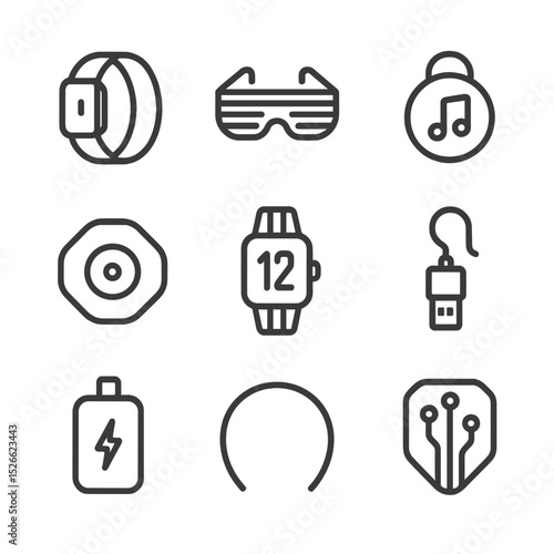Wearable Tech Icons. Outline icon set of wearable tech accessories: smart bracelet, LED glasses, sound-activated badge, sensor