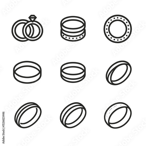 Wedding Ring Icon Set. Outline icon set of wedding ring sets: his and hers band, matching stackable rings, eternity band, simple