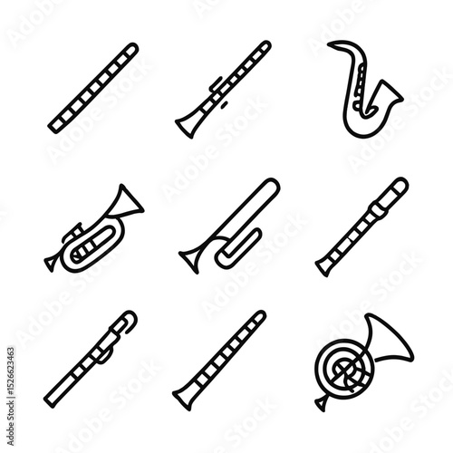 Wind Instrument Icons. Outline icon set of wind instrument practice: flute, clarinet, saxophone, trumpet, trombone, oboe, bassoon,