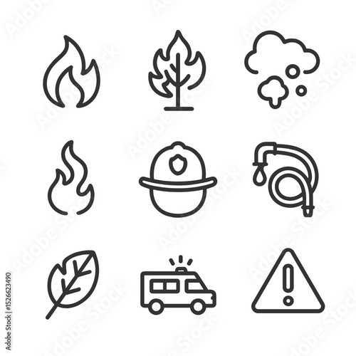 Wildfire Safety Icons. Outline icon set of wildfire smoke haze: flame icon, burning tree, ash cloud, smoke trail, firefighter