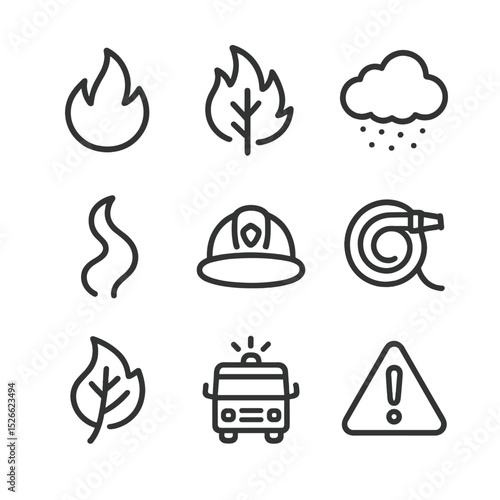 Wildfire Safety Icons. Outline icon set of wildfire smoke haze: flame icon, burning tree, ash cloud, smoke trail, firefighter