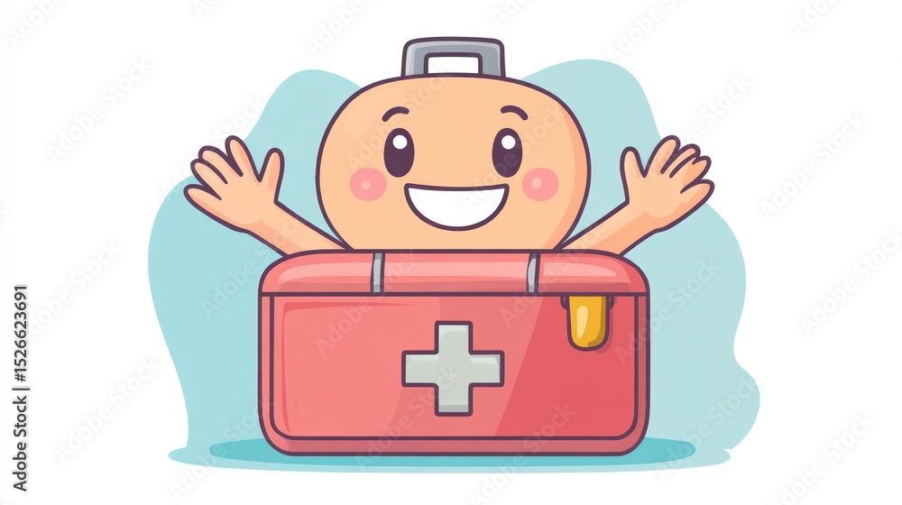 Cartoon first-aid kit character with happy expression Cartoon first-aid kit character with happy expression