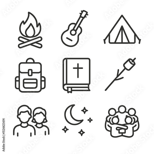 Youth Ministry Retreat Icons. Outline icon set of youth ministry retreat: campfire, guitar, tent, backpack, bible, marshmallow