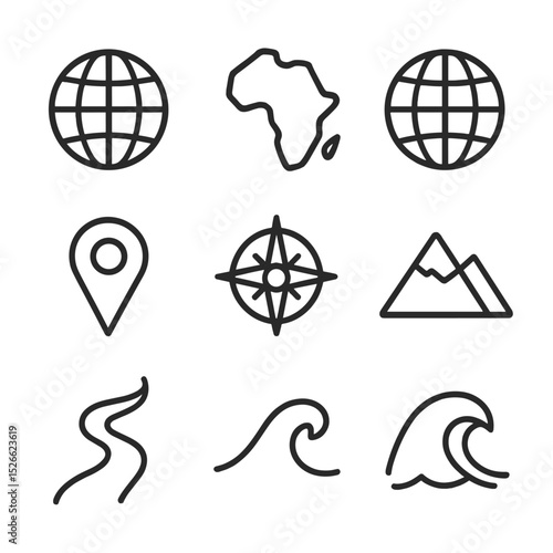World Geography Icon Set. Outline icon set of world geography: globe, continent outlines, latitude lines, longitude lines, map pin