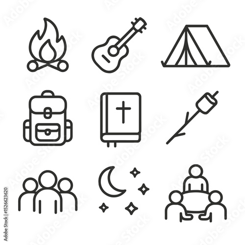 Youth Ministry Retreat Icons. Outline icon set of youth ministry retreat: campfire, guitar, tent, backpack, bible, marshmallow