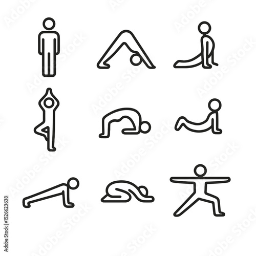 Yoga Postures Icons. Outline icon set of yoga postures for alignment: mountain pose, downward dog, cobra pose, tree pose, bridge