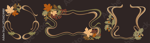 Autumn Art Nouveau Frames. Seasonal Vintage elements with fall leaves and acorns. Vector.