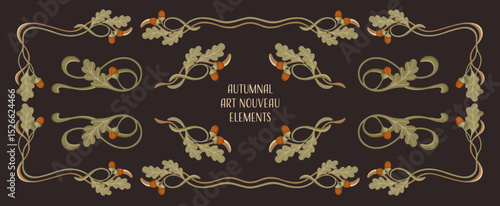Autumnal Art Nouveau frames, corners, and borders. Seasonal Vintage decor. Vector.